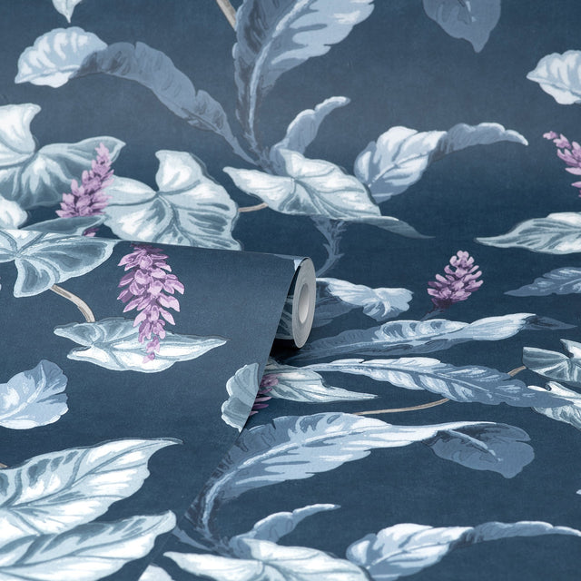 Meridian Parade Blue Tropical Leaves Wallpaper with Botanical Tropical Leaves Pattern - Brewster M1693