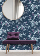 Meridian Parade Blue Tropical Leaves Wallpaper with Botanical Tropical Leaves Pattern - Brewster M1693