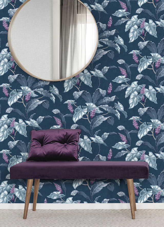 Meridian Parade Blue Tropical Leaves Wallpaper with Botanical Tropical Leaves Pattern - Brewster M1693