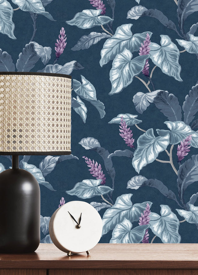 Meridian Parade Blue Tropical Leaves Wallpaper with Botanical Tropical Leaves Pattern - Brewster M1693