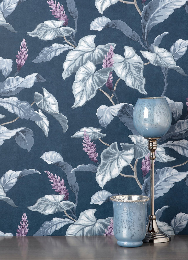 Meridian Parade Blue Tropical Leaves Wallpaper with Botanical Tropical Leaves Pattern - Brewster M1693