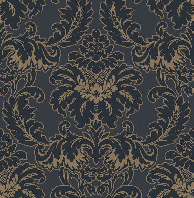 Windsor Blue Damask Wallpaper with Traditional Damask Pattern - Brewster M1704