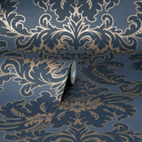 Windsor Blue Damask Wallpaper with Traditional Damask Pattern - Brewster M1704