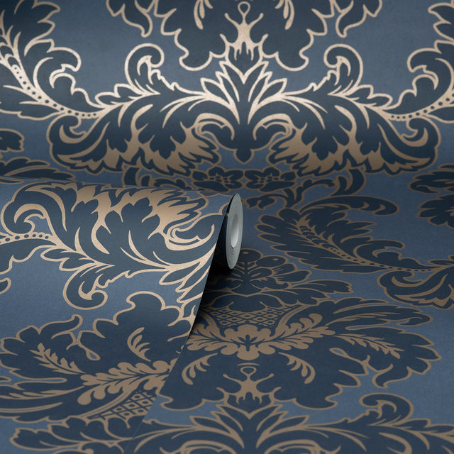 Windsor Blue Damask Wallpaper with Traditional Damask Pattern - Brewster M1704
