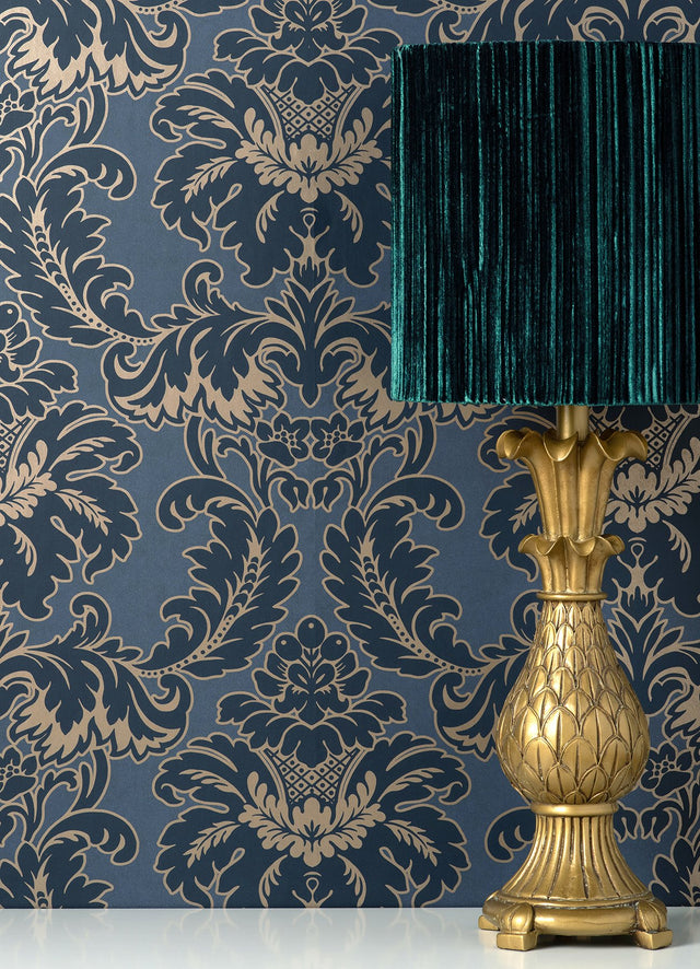 Windsor Blue Damask Wallpaper with Traditional Damask Pattern - Brewster M1704