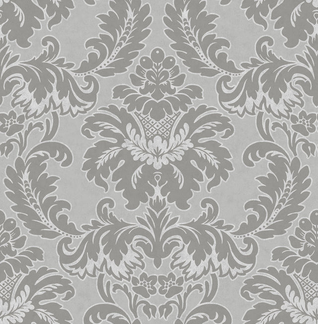 Windsor Grey Damask Wallpaper with Traditional Damask Pattern - Brewster M1705