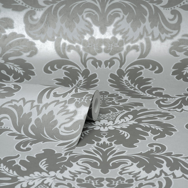 Windsor Grey Damask Wallpaper with Traditional Damask Pattern - Brewster M1705