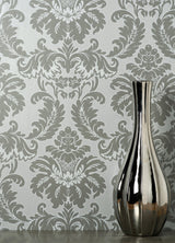 Windsor Grey Damask Wallpaper with Traditional Damask Pattern - Brewster M1705