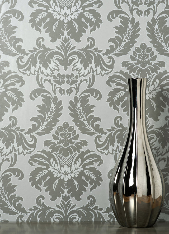 Windsor Grey Damask Wallpaper with Traditional Damask Pattern - Brewster M1705