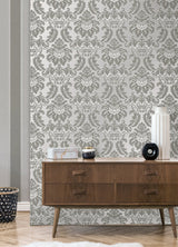 Windsor Grey Damask Wallpaper with Traditional Damask Pattern - Brewster M1705