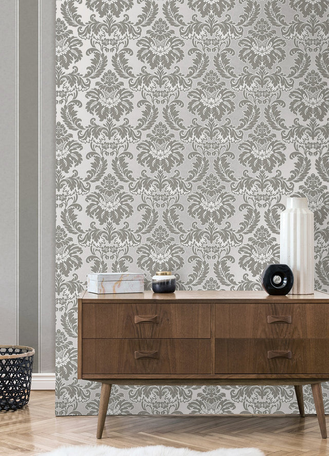 Windsor Grey Damask Wallpaper with Traditional Damask Pattern - Brewster M1705