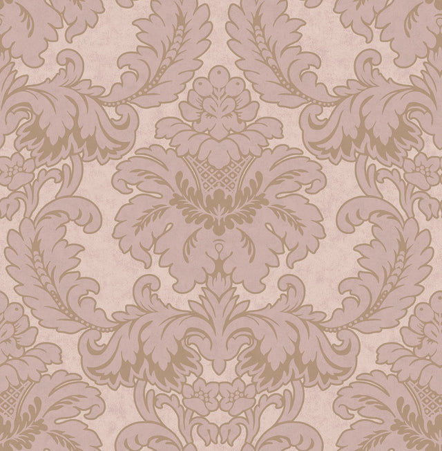 Windsor Pink Damask Wallpaper with Rose Gold Accents - Brewster M1706
