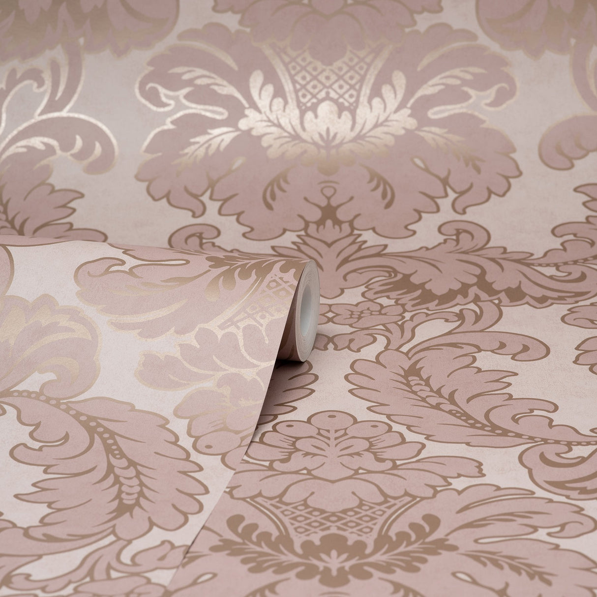 Windsor Pink Damask Wallpaper with Rose Gold Accents - Brewster M1706