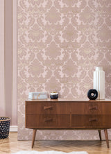 Windsor Pink Damask Wallpaper with Rose Gold Accents - Brewster M1706