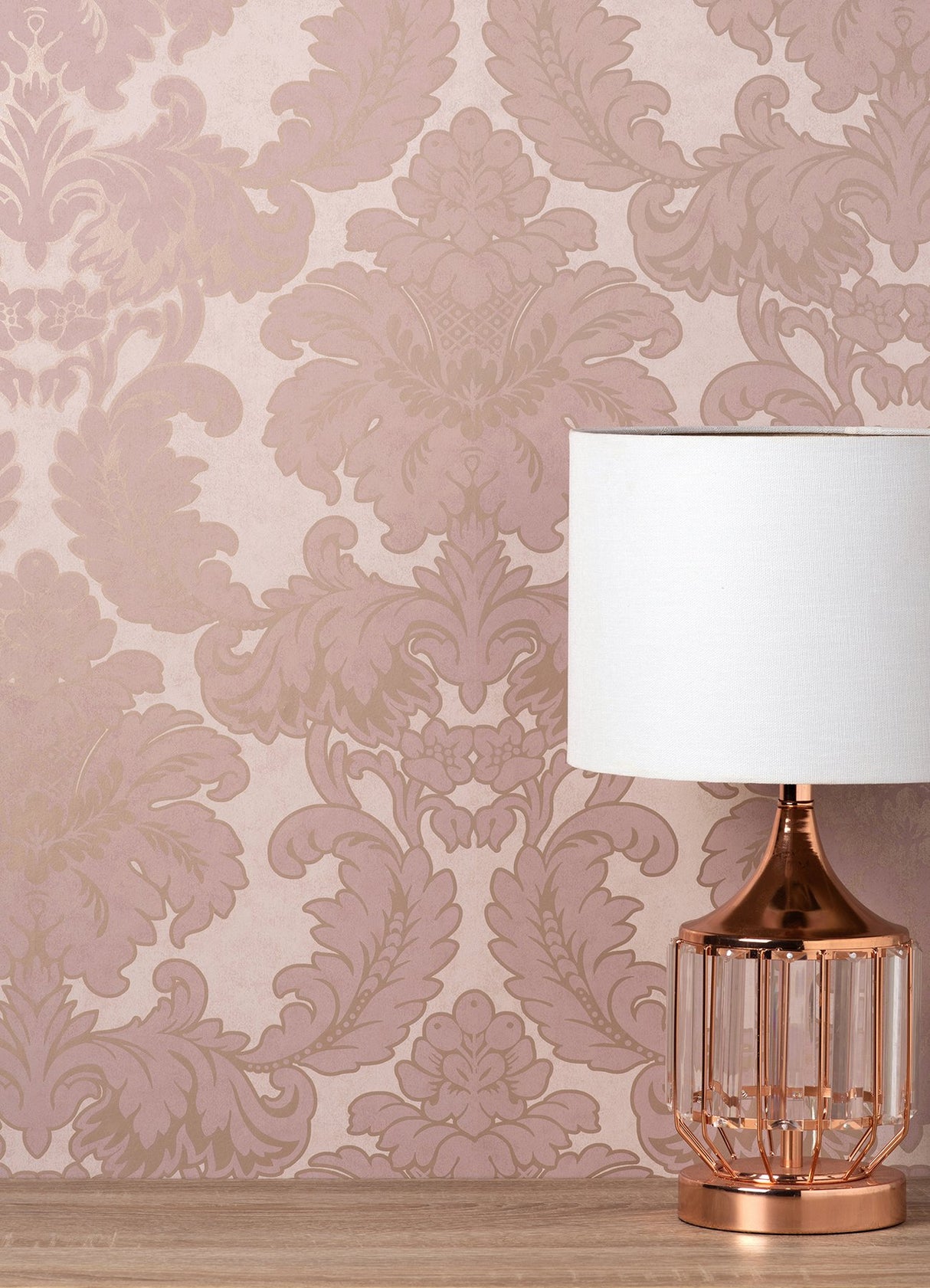 Windsor Pink Damask Wallpaper with Rose Gold Accents - Brewster M1706