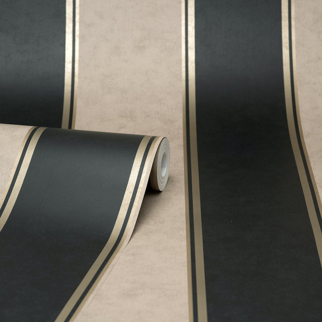 Rydia Black Stripe Wallpaper with Gold-Accented Vertical Stripes - Brewster M1707
