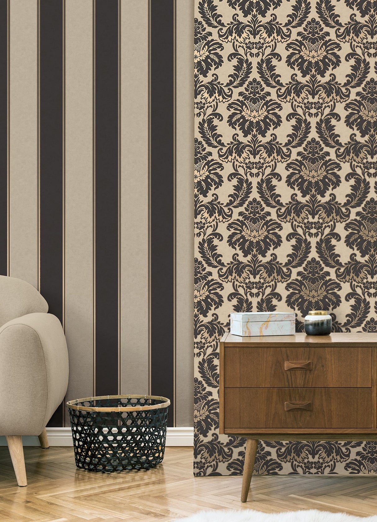 Rydia Black Stripe Wallpaper with Gold-Accented Vertical Stripes - Brewster M1707