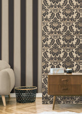 Rydia Black Stripe Wallpaper with Gold-Accented Vertical Stripes - Brewster M1707