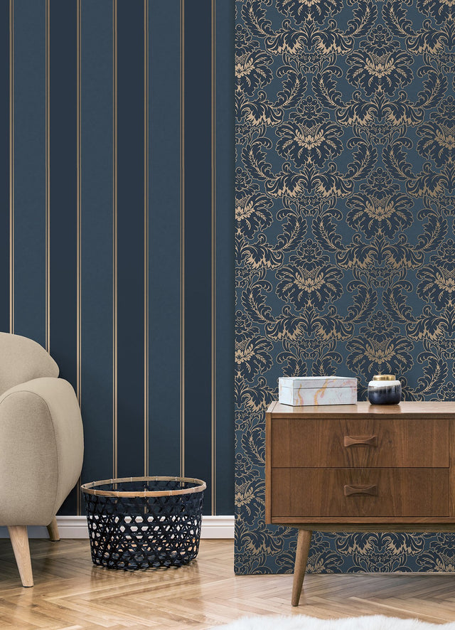 Rydia Blue Stripe Wallpaper with Modern Stripes Pattern - Brewster M1708