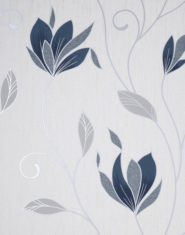 Synergy Navy Floral Wallpaper with Metallic Flowers in Farmhouse Botanical Style - Brewster M1716