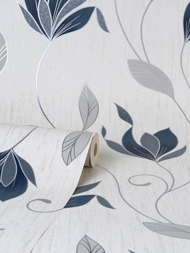 Synergy Navy Floral Wallpaper with Metallic Flowers in Farmhouse Botanical Style - Brewster M1716
