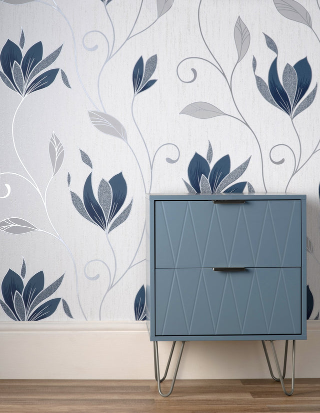 Synergy Navy Floral Wallpaper with Metallic Flowers in Farmhouse Botanical Style - Brewster M1716