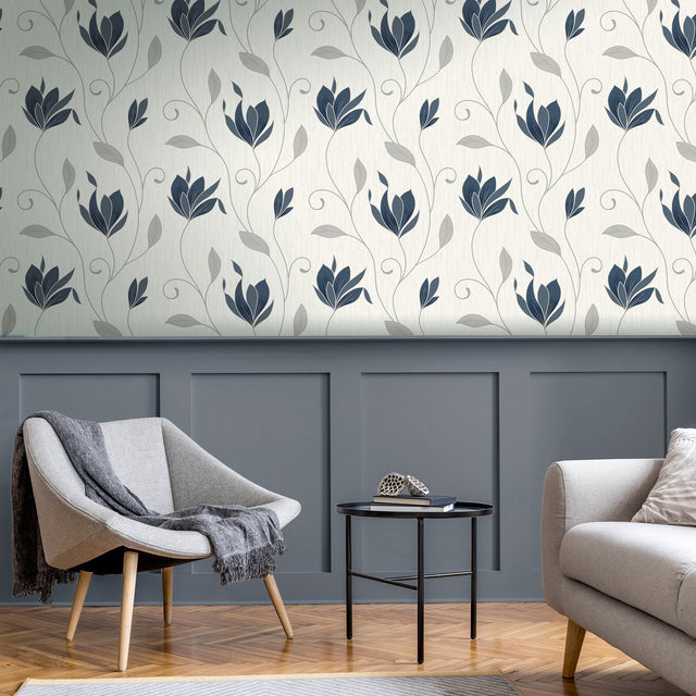 Synergy Navy Floral Wallpaper with Metallic Flowers in Farmhouse Botanical Style - Brewster M1716