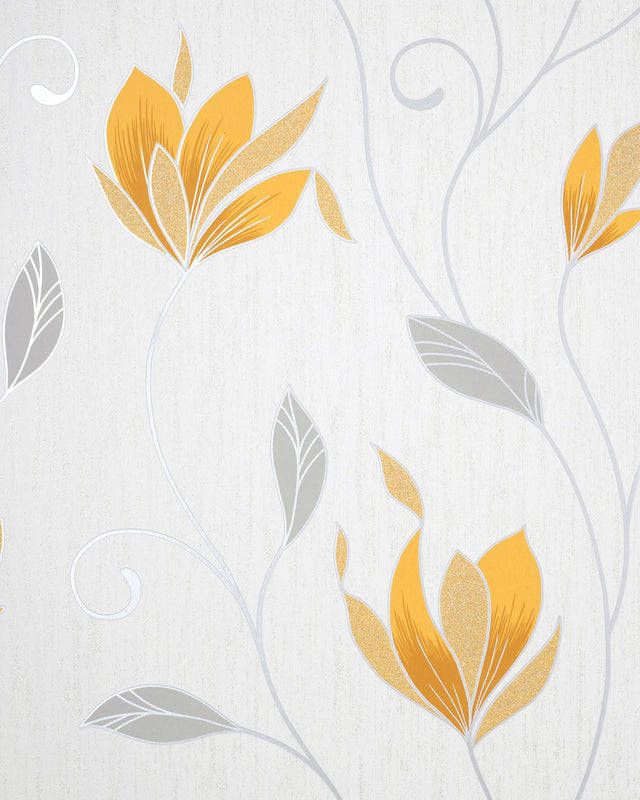 Synergy Yellow Floral Wallpaper with Metallic Silver Stems - Fine Decor M1717