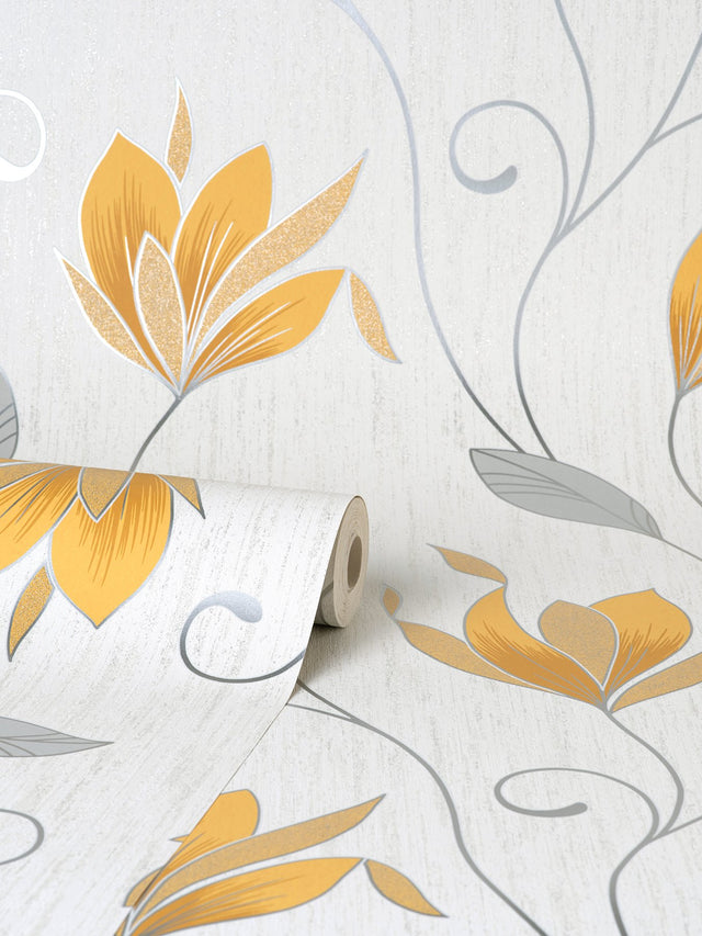 Synergy Yellow Floral Wallpaper with Metallic Silver Stems - Fine Decor M1717