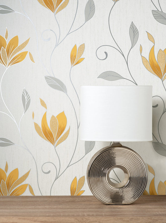 Synergy Yellow Floral Wallpaper with Metallic Silver Stems - Fine Decor M1717