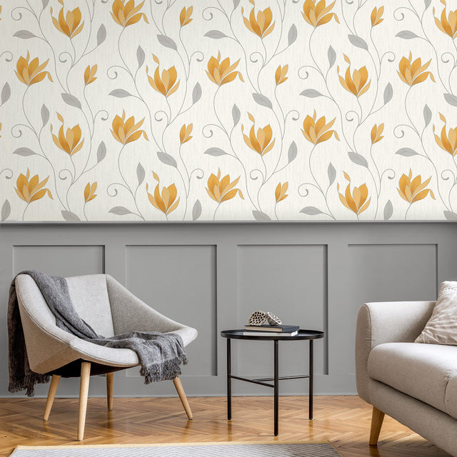 Synergy Yellow Floral Wallpaper with Metallic Silver Stems - Fine Decor M1717