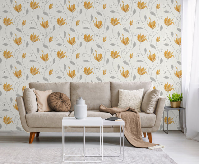 Synergy Yellow Floral Wallpaper with Metallic Silver Stems - Fine Decor M1717