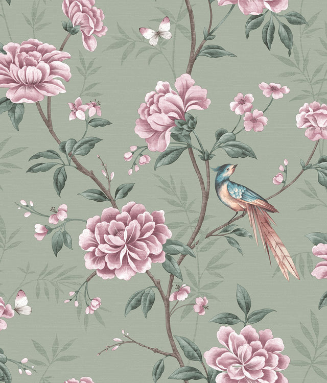 Akina Sage Floral Wallpaper with Chinoiserie Botanical Motif - Fine Decor M1724