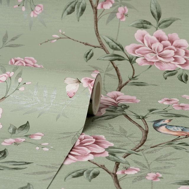 Akina Sage Floral Wallpaper with Chinoiserie Botanical Motif - Fine Decor M1724