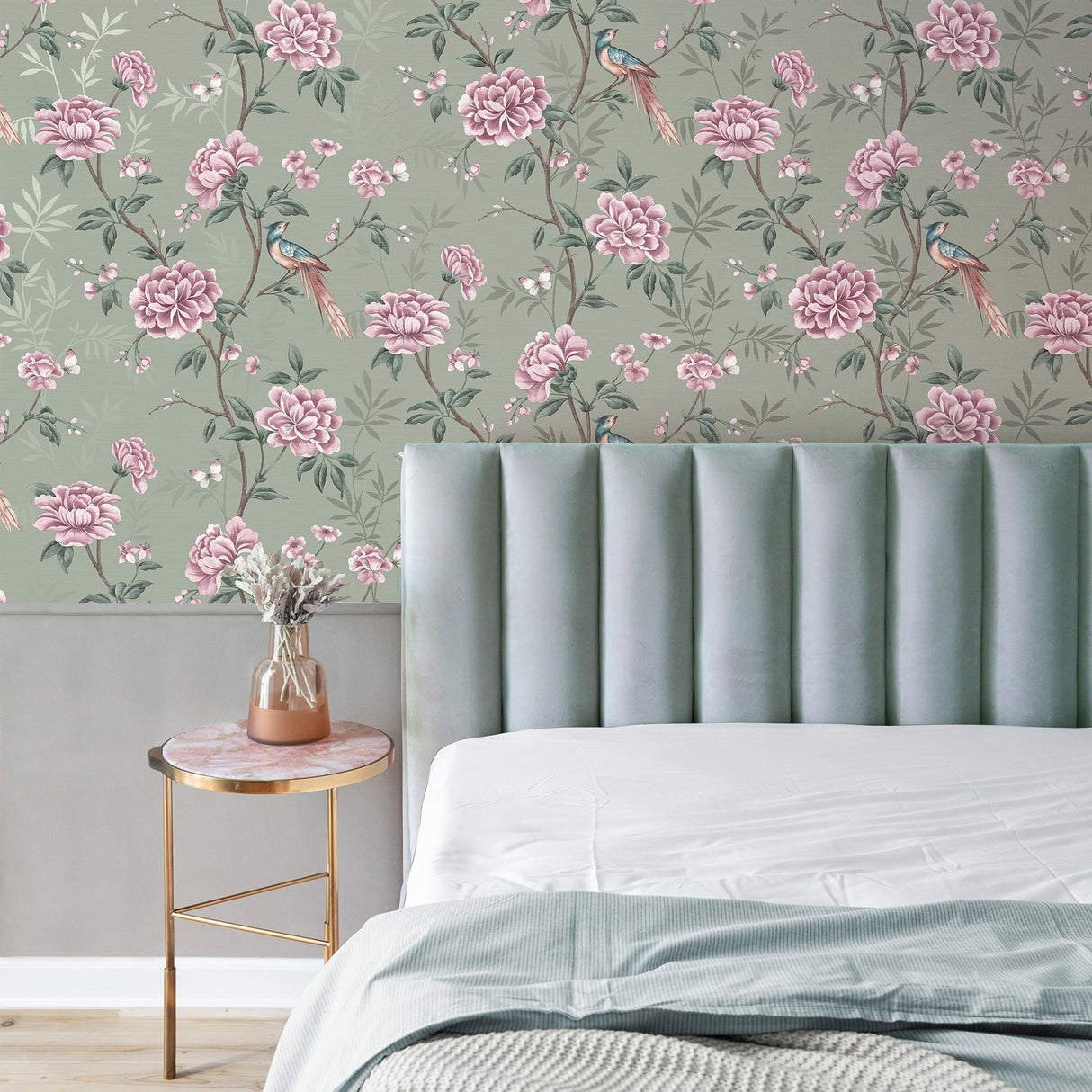 Akina Sage Floral Wallpaper with Chinoiserie Botanical Motif - Fine Decor M1724