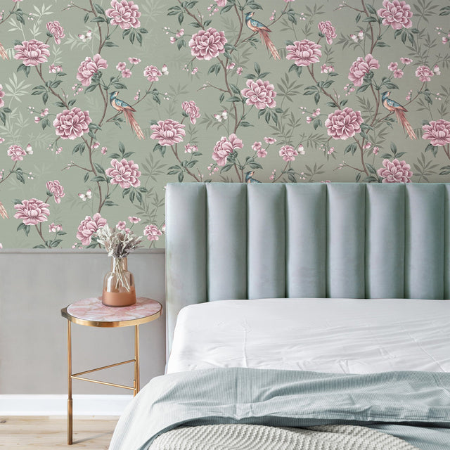 Akina Sage Floral Wallpaper with Chinoiserie Botanical Motif - Fine Decor M1724