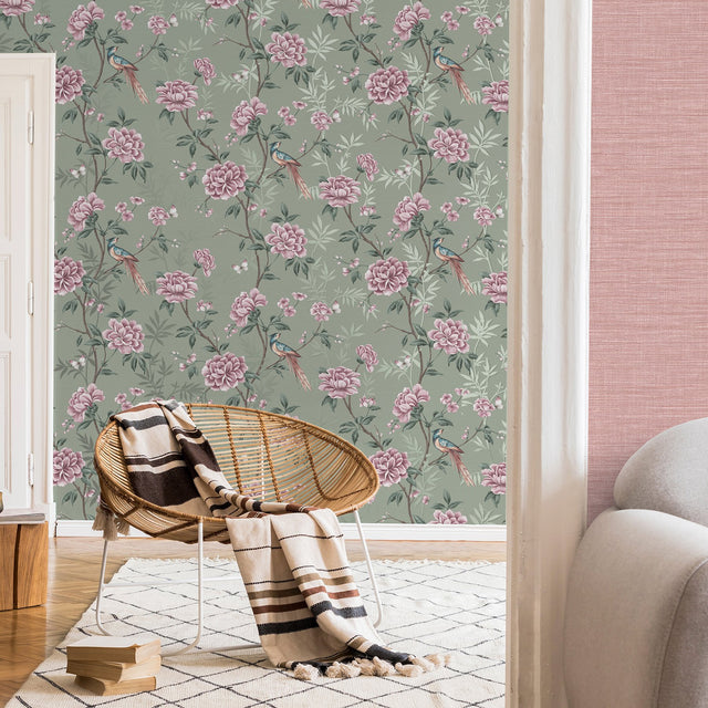 Akina Sage Floral Wallpaper with Chinoiserie Botanical Motif - Fine Decor M1724