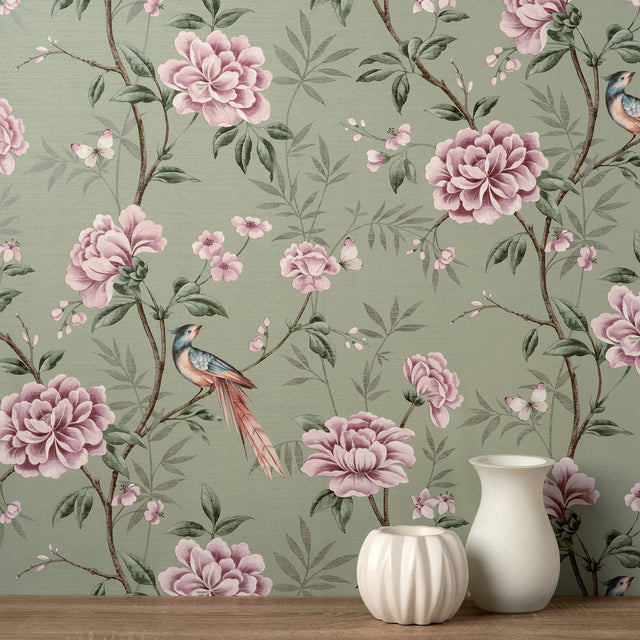 Akina Sage Floral Wallpaper with Chinoiserie Botanical Motif - Fine Decor M1724