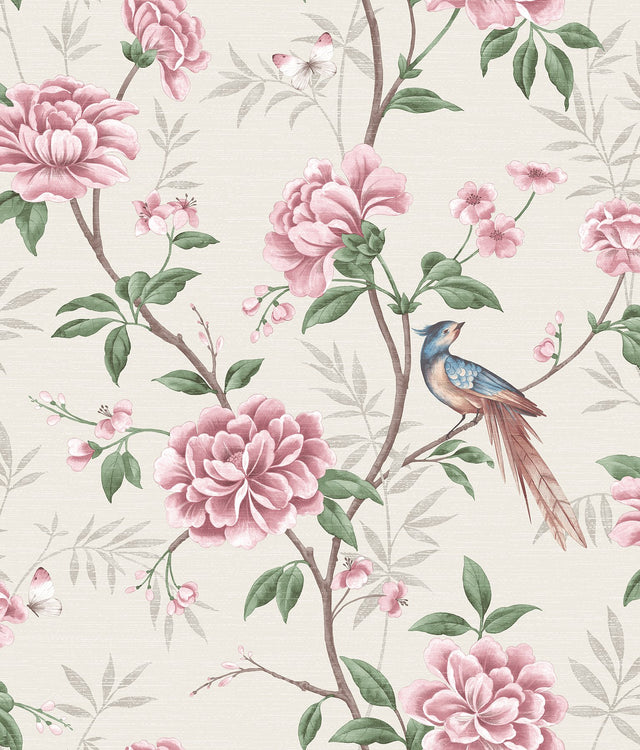 Akina Cream Chinoiserie Floral Wallpaper with Raised Ink Birds and Blossoms - Fine Decor M1725