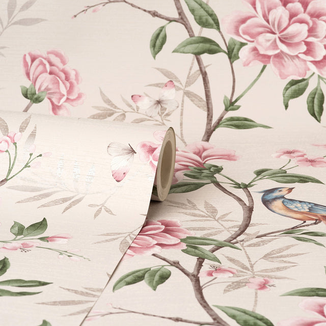 Akina Cream Chinoiserie Floral Wallpaper with Raised Ink Birds and Blossoms - Fine Decor M1725