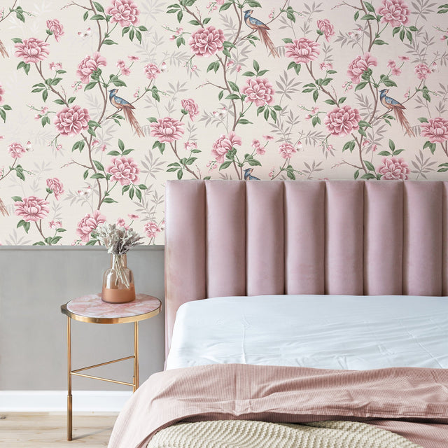Akina Cream Chinoiserie Floral Wallpaper with Raised Ink Birds and Blossoms - Fine Decor M1725