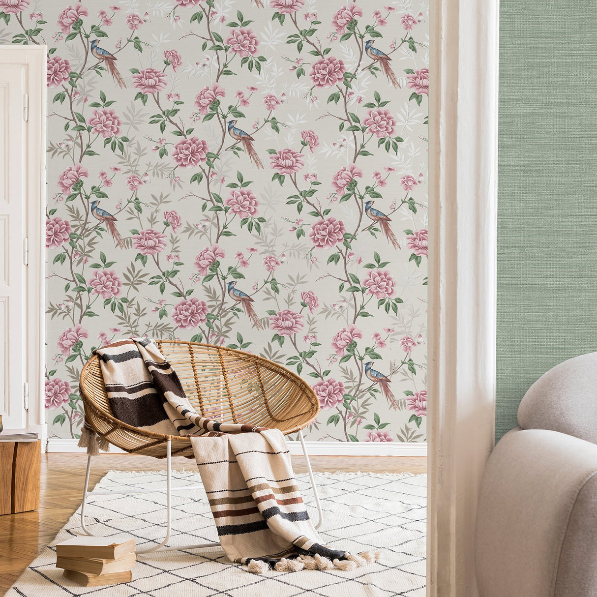 Akina Cream Chinoiserie Floral Wallpaper with Raised Ink Birds and Blossoms - Fine Decor M1725