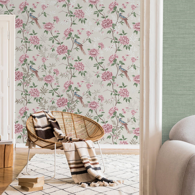 Akina Cream Chinoiserie Floral Wallpaper with Raised Ink Birds and Blossoms - Fine Decor M1725