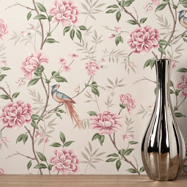 Akina Cream Chinoiserie Floral Wallpaper with Raised Ink Birds and Blossoms - Fine Decor M1725