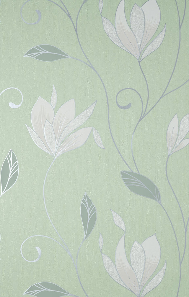 Synergy Light Green Floral Wallpaper with Metallic Botanical Flowers - Fine Decor M1739
