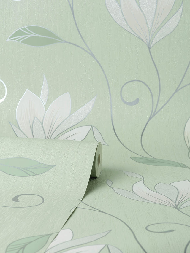 Synergy Light Green Floral Wallpaper with Metallic Botanical Flowers - Fine Decor M1739