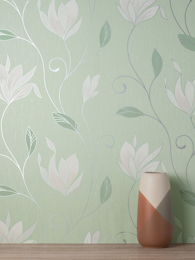 Synergy Light Green Floral Wallpaper with Metallic Botanical Flowers - Fine Decor M1739