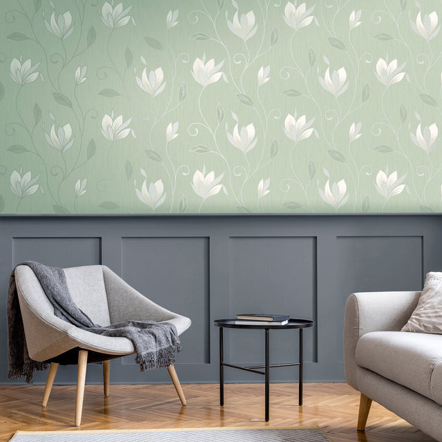 Synergy Light Green Floral Wallpaper with Metallic Botanical Flowers - Fine Decor M1739