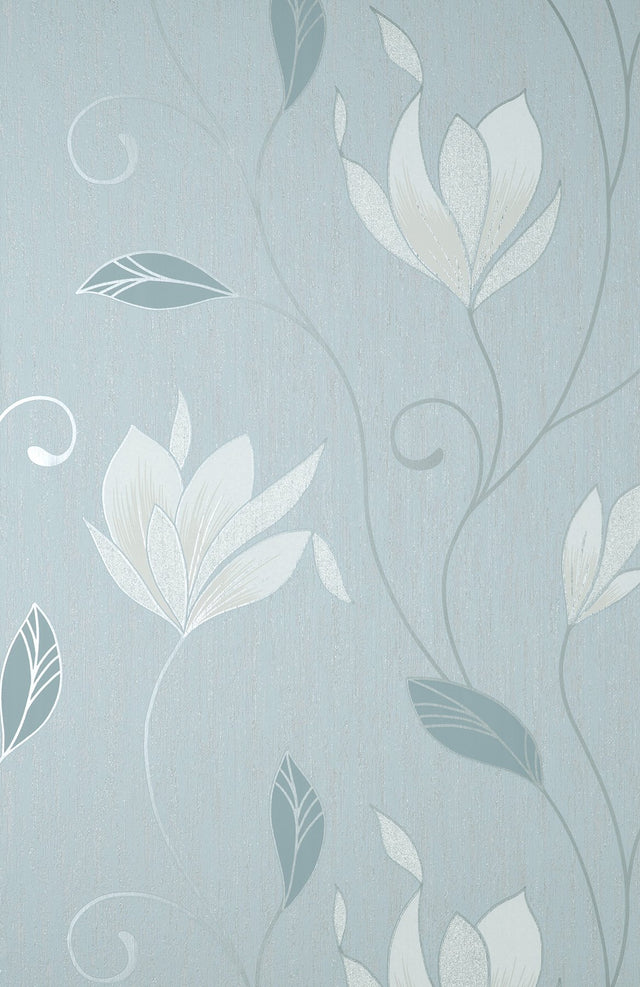 Synergy Light Blue Floral Wallpaper with Metallic Farmhouse Botanical Pattern - Fine Decor M1740