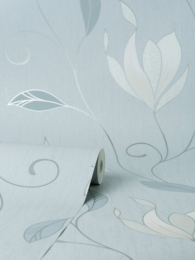 Synergy Light Blue Floral Wallpaper with Metallic Farmhouse Botanical Pattern - Fine Decor M1740